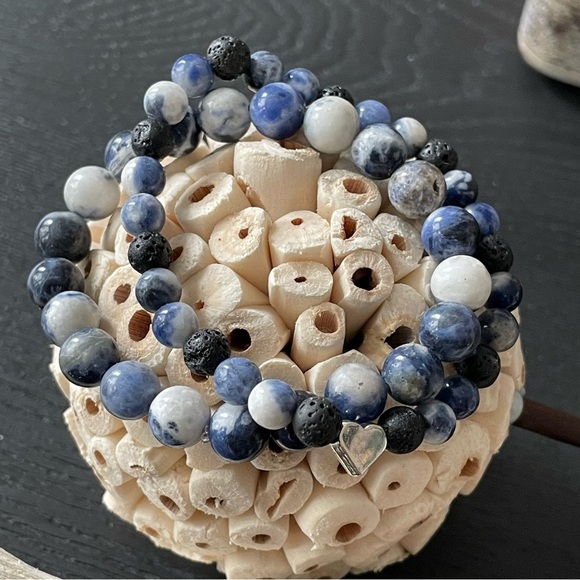 Sodalite & Lava Stone - Handmade Beaded Bracelet Set - Picture 2 of 10